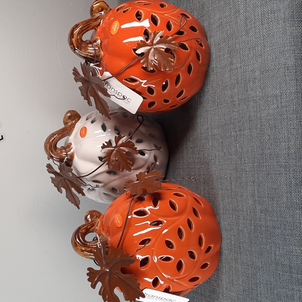 Pumpkins Set LED Lighted Fall Harvest Autumn Thanksgiving Table Mantle Ceramic
